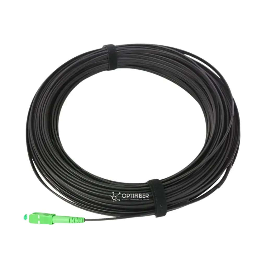 CABLE - FIBRA DROP PLANO AEREA AUTOSOPORTADA DE Acometida Exterior, 1 hilo, SC APC - 1 CABLE DE ACERO + FRP Y 100 METROS.