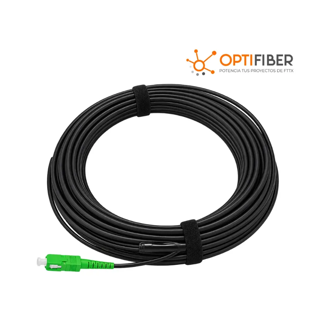 CABLE - FIBRA DROP PLANO AEREA AUTOSOPORTADA DE Acometida Exterior, 1 hilo, SC APC - 1 CABLE DE ACERO + FRP Y 100 METROS.