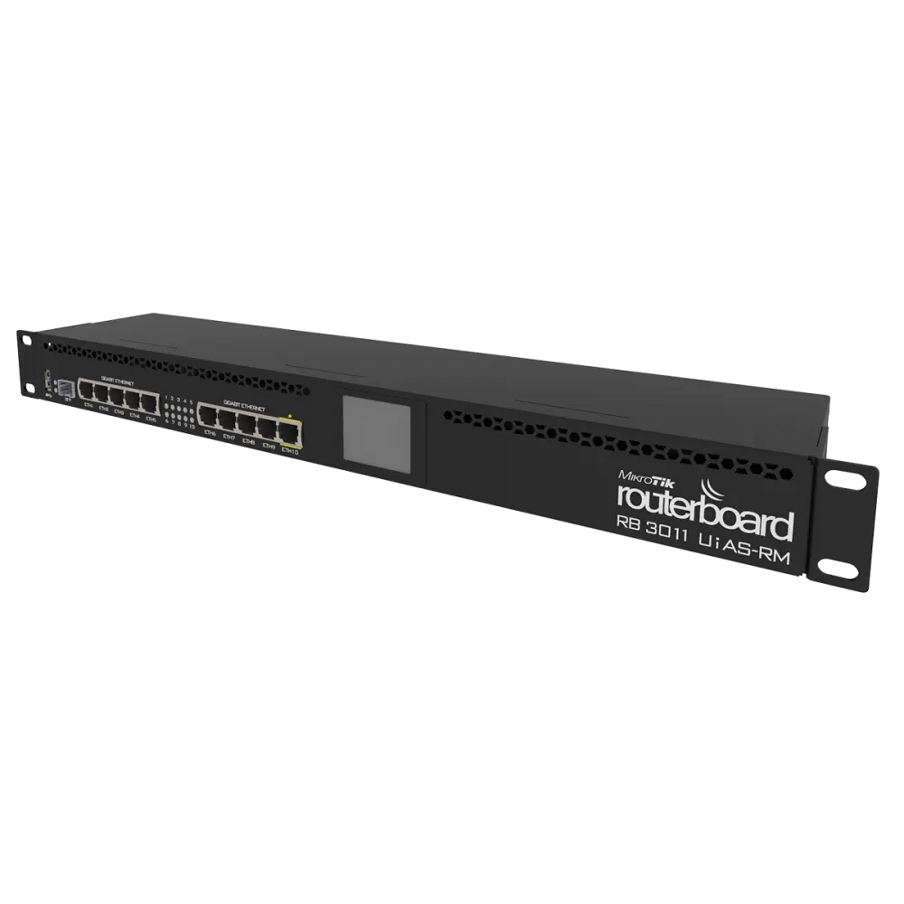 MIKROTIK RB3011UIAS-RM - ROUTERBOARD 3011UIAS WITH DUAL CORE 1.4GHZ ARM CPU, 1GB RAM, 10XGBIT LAN, 1XSFP PORT, ROUTEROS L5, 1U RACKMOUNT CASE, LCD PANEL